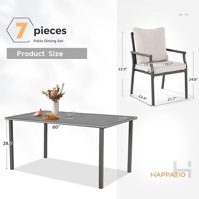 HAPPATIO Patio Dining Set, Metal Outdoor Table and Chairs Set for 6, Powder-Coated Metal Chairs with Thickened Cushions, 60" Rectangular Table with 1.5" Umbrella Hole for Deck Backyard Lawn