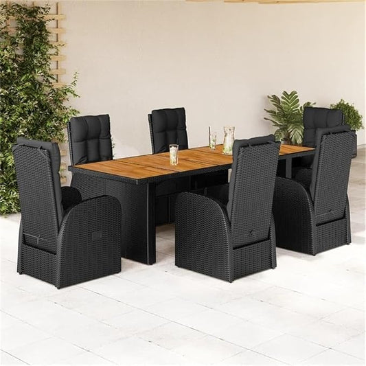 Afuera Living Contemporary Outdoor Dining Set, 7-Piece Rattan and Acacia Wood, Black Finish, Includes Table and 6 Chairs with Cushions, Modern Patio Furniture for Garden, Terrace, Balcony, Seats 6