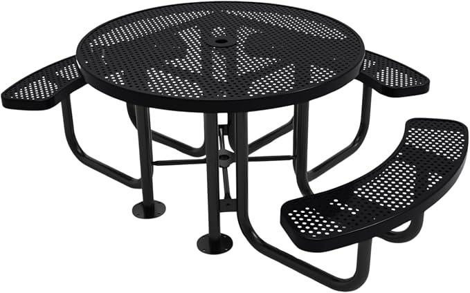 COATEDOUTDOORFURNITURE Heavy-Duty Portable Outdoor Picnic Table with Umbrella Hole, Punched Steel Patio Dining Furniture Made in America (46" Round Top, Black)