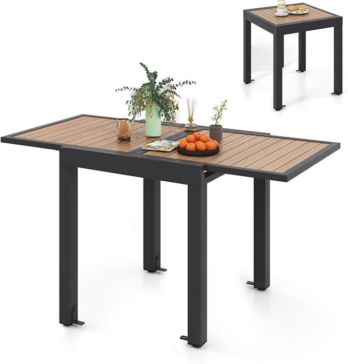 Giantex Aluminum Extendable Patio Dining Table 31.5"-63", Adjustbale Outdoor Dining Table for 4-6 with Slatted Tabletop & L-Shaped Brace, Expandable Table for Garden, Yard, Porch