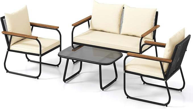 Tangkula 4 Pieces Wicker Patio Furniture Set, Outdoor Conversation Set with Tempered Glass Coffee Table, Rattan Cushioned Chairs with Acacia Wood Armrests for Garden, Yard and Poolside (Off White,2)
