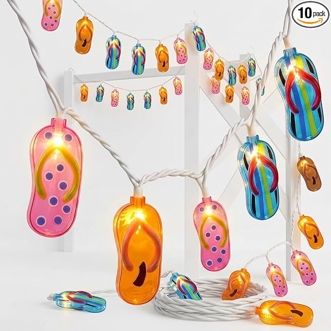 Abeja Summer Slipper String Lights, 8.5Ft Outdoor Hawaiian Tropical Decoration Lights with 10 Multicolor Slipper Lights, Ocean Themed Decorative Lights for Bedroom Camping Decks Party Lighting