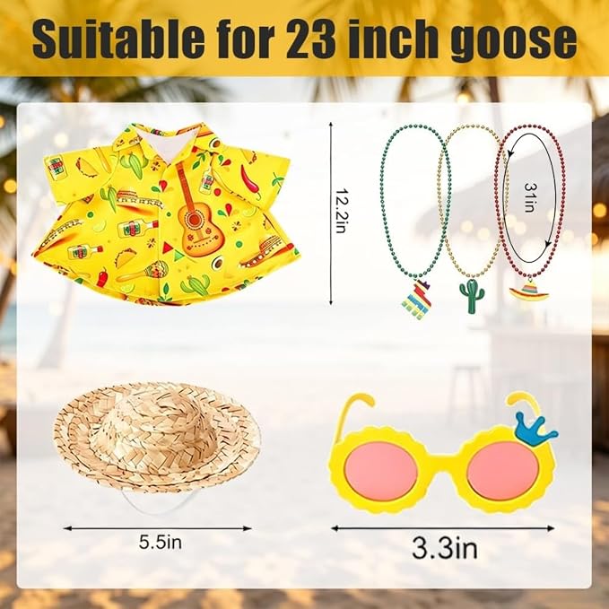 Hawaiian Porch Goose Outfits,Mexican Style Goose Summer Outfit,Yellow Shirt with Straw Hat Glasses Necklaces Fits 23" Geese Statue, Summer Garden Lawn Patio Yard Outdoor Decor