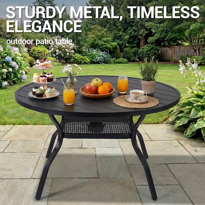41" Round Outdoor Dining Table for 4 Person, Metal Patio Dining Table with Adjustable Umbrella Hole, Partitioned Storage Shelf for Garden, Backyard and Porch, Black