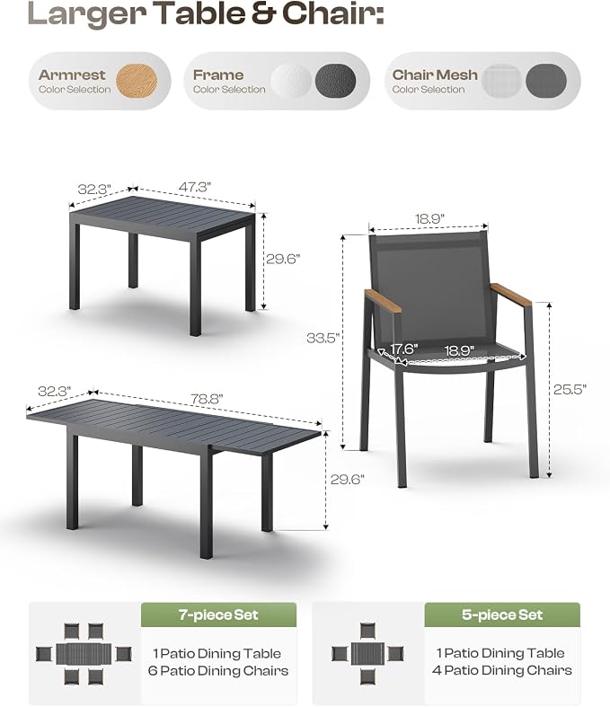 Outdoor Aluminum Patio Dining Table Set for 6 Person, Expandable Outdoor Table and 6 Chairs with Textilene Fabric & HDPS Armrest, All-Weather Patio Furniture Set for Yard, Garden, Gray