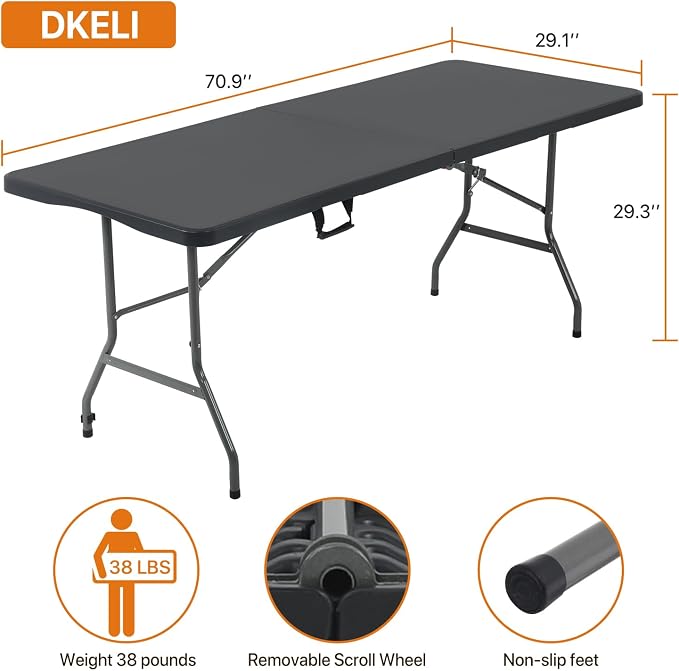Dkeli Folding Table 6 ft | Portable Picnic Table | Folding Camping Table Heavy Duty for Outdoor Indoor Camping | Picnic and Party | Fold in Half with Handle and Sturdy Steel Frame - Black