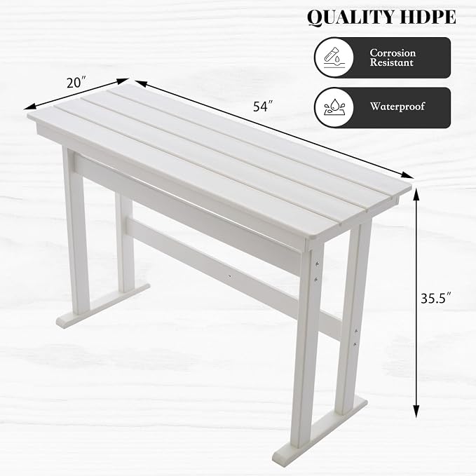 HDPE Outdoor Bar Height Table,54" Rectangular Patio Table, All-Weather Design for Bistro/Garden/Poolside (White)