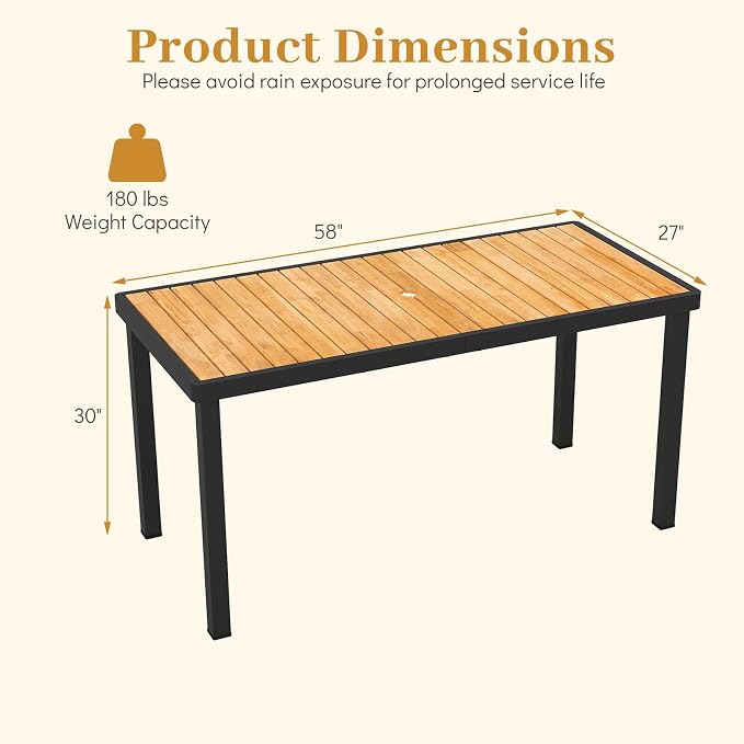 Byroce 58" x 27" Rectangular Acacia Wood Outdoor Dining Table with Umbrella Hole & Black Metal Frame for Patio, Garden & Restaurant, Natural