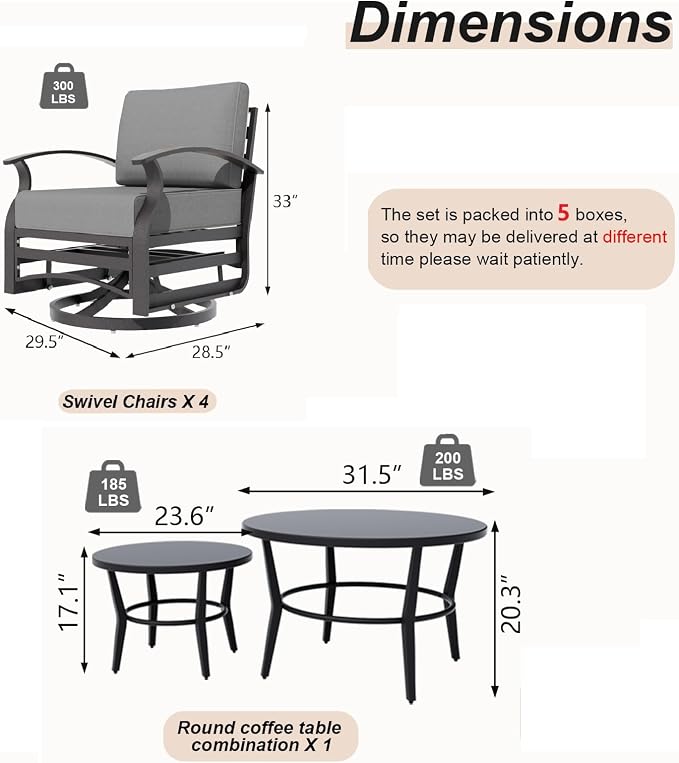 Gotland 6 Piece Patio Set, Aluminum Outdoor Swivel Chairs Set with Round Table 5.1’’ High-Resilience Seat Cushions 29.5" Deep Seating, Metal Patio Furniture Set Patio Conversation Sets, Grey