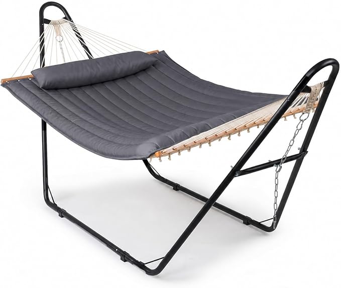 ONCLOUD Double Hammock with Stand for Outside, Rope Hammock with Pillow and Pad, Heavy Duty Hammock Set for Backyard, 550 LBS (Grey)