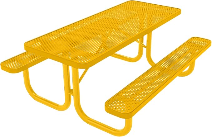 COATEDOUTDOORFURNITURE Heavy-Duty Portable Outdoor Picnic Table, Thermoplastic Coated Punched Steel Commercial-Grade Patio Furniture Made in America (6ft Rectangular, Yellow with Yellow Frames)