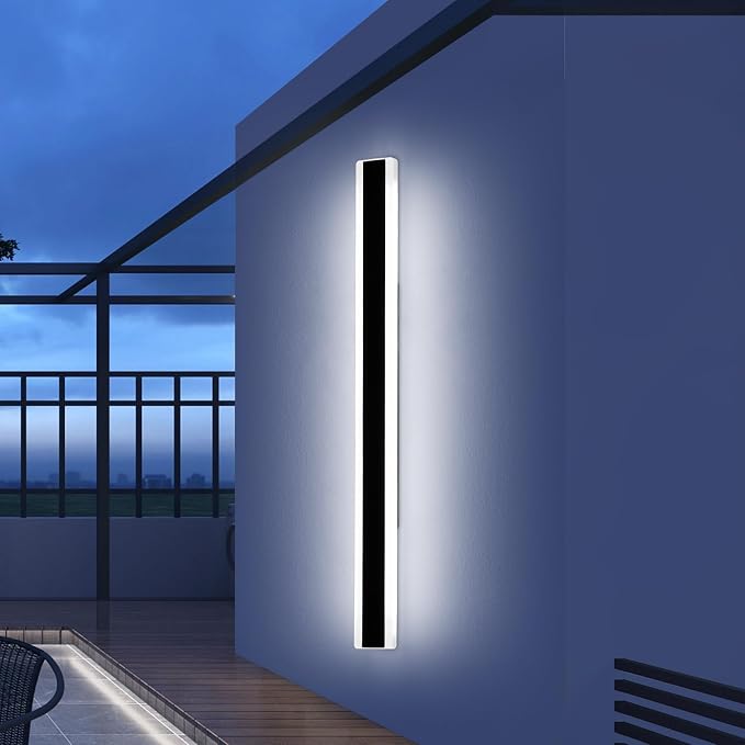 57inch Exterior Wall Light Fixture, 6000K Cold White, Modern Long Outdoor Wall Sconce, IP65 Waterproof, 50W, Black Minimalist Outside LED Strip Lights for Garage, Patio, Balcony, Fence