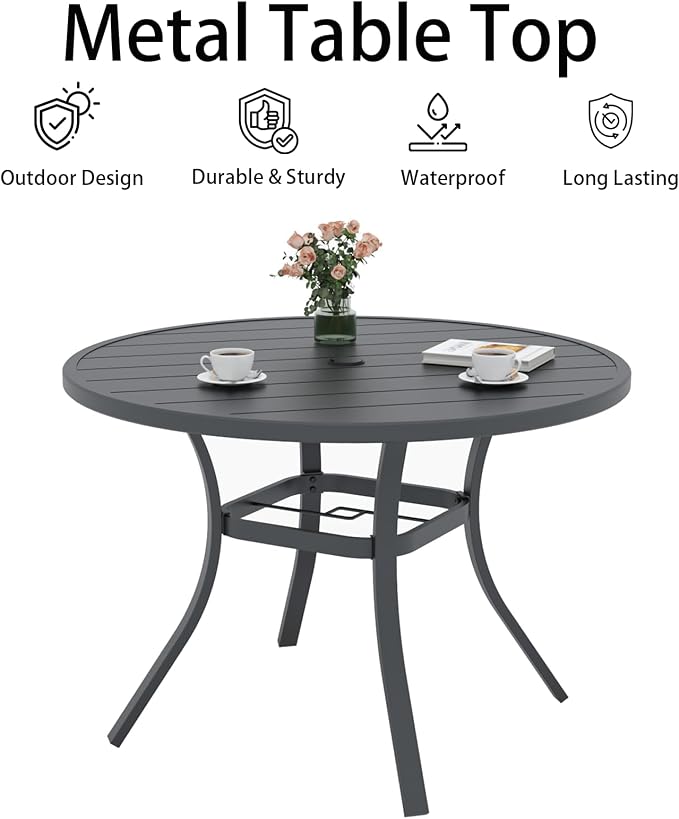 Anmutig Round Outdoor Dining Table, 41-inch All-Weather Patio Table with Adjustable Umbrella Hole for Deck Lawn Garden Backyard Balcony Deck, Black Metal Frame Slatted Tabletop