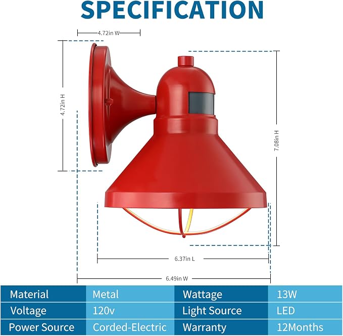 Motion Sensor Outdoor LED Wall Sconce Dusk to Dawn Exterior Barn Lighting | Red Outside Porch Light Fixture Waterproof Farmhouse Wall Mount Lamp for House Garage Entryway