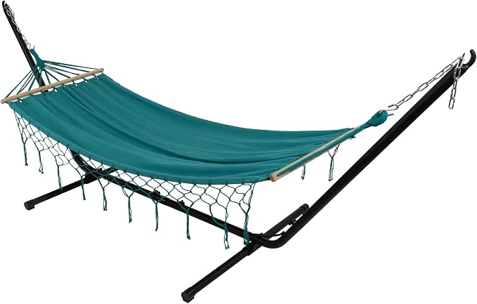 Hammock with Netted Fringe and Wooden Bars - 100" x 41" - Teal Green