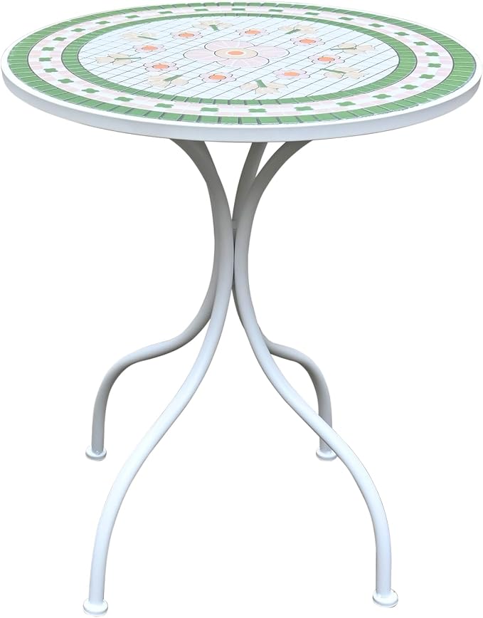 Round Outdoor Side Table Patio Bistro Ceramic Mosaic Patterned Design Tile Top Round Table Outdoor Garden 24 Inch Metal Furniture Dining Table for Yard Balcony Porch Poolside Terrace (Pink Flower)