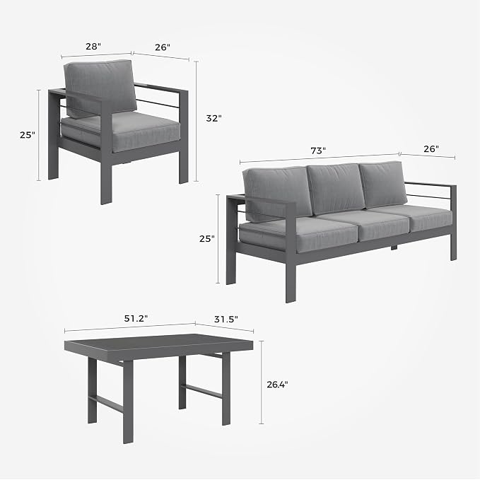 Solaste Aluminum Patio Furniture Set, 4 Pcs Modern Outdoor Conversation Set Couch Sofa with Upgrade Cushion and Dining Table,White