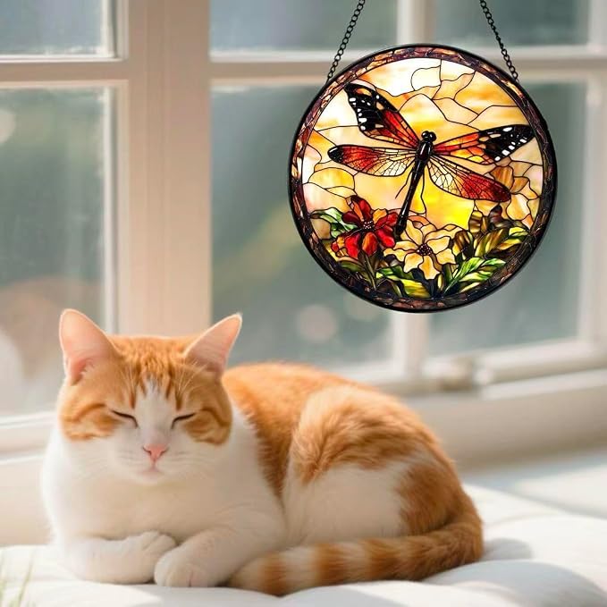 Stained Glass Window Hanging - A Dragonfly is Docked in The Garden 6.3 Inches Suncatcher for Garden Home Decor for Women Mom Grandma Friends