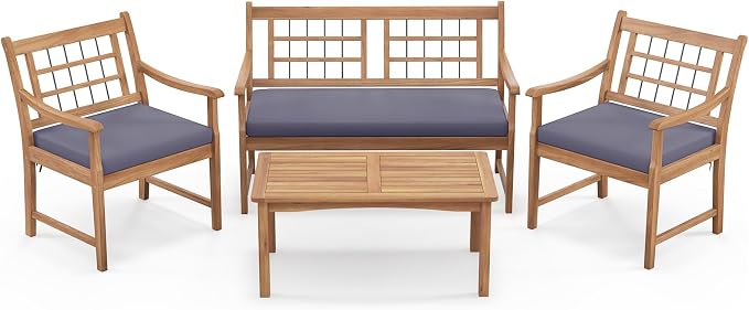 Tangkula 4 Piece Wood Patio Furniture Set, Outdoor Conversation Set w/Soft Seat Cushions, Solid Acacia Wood Frame, 2 Armchairs, Loveseat & Coffee Table Set for Backyard, Porch, Poolside
