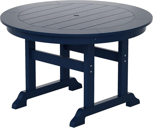 WestinTrends Malibu Patio Dining Table, All Weather Poly Lumber Adirondack 47" Trestle Round Outdoor Table with Umbrella Hole, Navy Blue