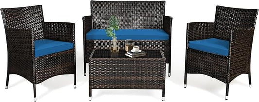 HOMGX 4-Piece Rattan Patio Furniture Set, Sectional Sofa Chair, Wicker Set with Tempered Glass Coffee Table & Thick Cushions, Perfect for Garden, Lawn, Poolside, Backyard (Peacock Blue)