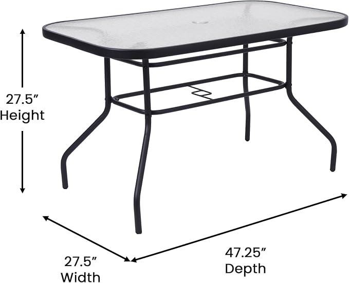 EMMA + OLIVER Tala Rectangle Patio Table with Umbrella Hole, All-Weather Table with Heat Resistant Tempered Glass, Steel Frame, 27.5x47.25, Black