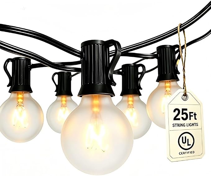 Abeja 25FT Outdoor String Lights, G40 Globe Patio String Lights with 27 Frosted White Globe Bulbs, Waterproof Connectable Hanging Lights for Outside Backyard Porch Umbrella Bistro Decor, Black Wire