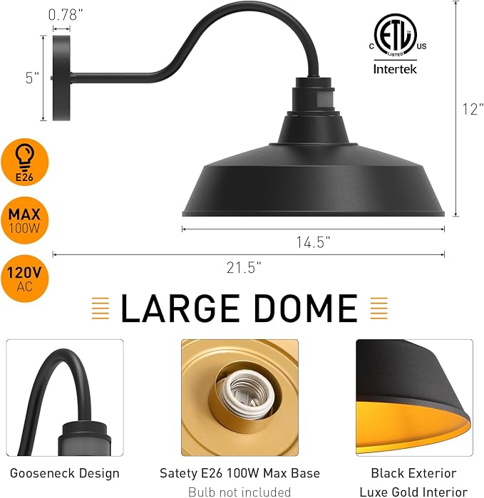 14.5" Dome Gooseneck Barn Light, Outdoor Anti-Rust&Waterproof Farmhouse Wall Sconce, Outdoor Wall Lanterns for Porch/Patio, E26 Base 100W Max(Black 1-Pack Motion Sensor Outdoor Lights)