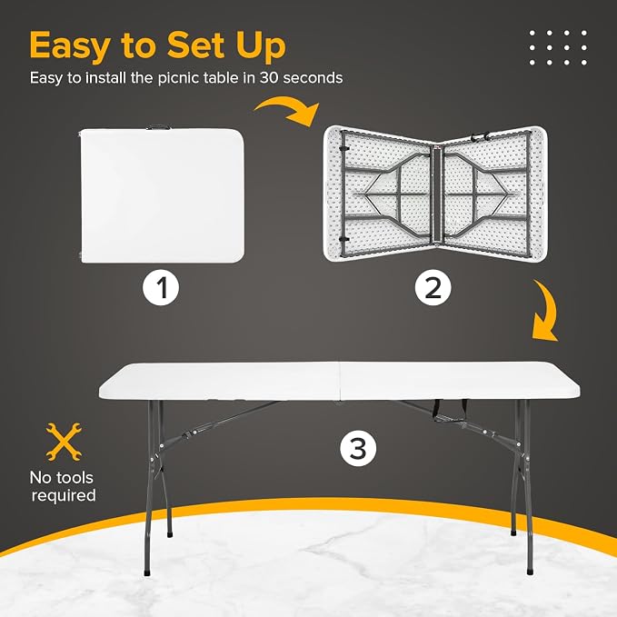Dopinmin Folding Table 6FT Portable Heavy Duty Plastic Camping Table Foldable Tables Plastic Dining Tables Indoor Outdoor for Camping, Picnic and Party, White