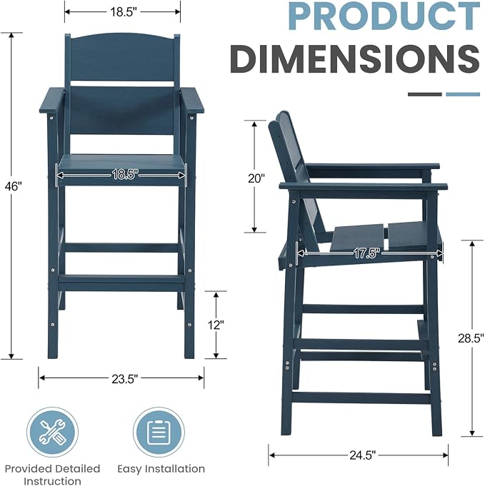 HDPE Outdoor Bar Chairs Set of 2, 28.5" Seat Height Bar Height Patio Stools with Armrest & Back, Heavy Duty All Weather High Top Chairs for Porch/Poolside/Deck, 400lb Capacity, Blue