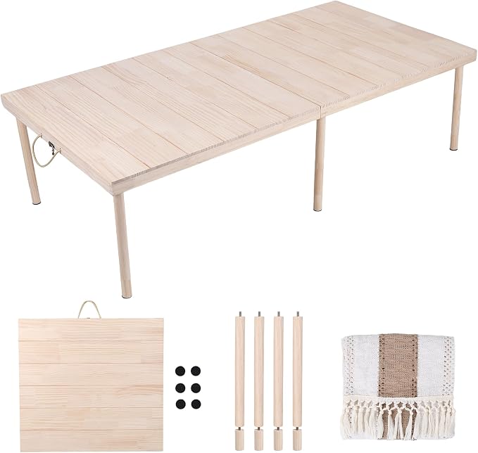 60'' Folding Wooden Picnic Table, Adjustable Height Portable Picnic Table for Outdoor Camping, Beach, Patio, Backyard, Solid Wood Boho Low Picnic Tables with Detachable Legs and Table Runner