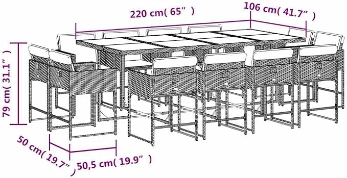 13 Piece Patio Dining Set with Cushions Black Poly Rattan Outdoor Furniture Table and 12 Folding Chairs for Garden Backyard Entertaining UV Proof 242.5 lb Load Capacity