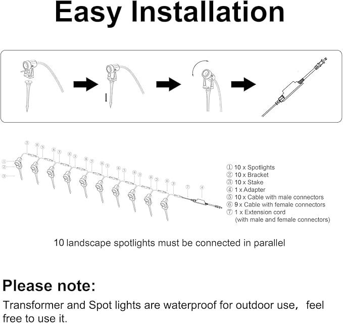 SUNTHIN 10 Pack Outdoor Landscape Lights with Transformer, LED Spotlights | Low Voltage Yard Lighting, Extendable Landscape Ground Lights, IP65 Waterproof Outdoor Spot Lights for Garden, Trees & House
