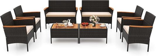 Tangkula 8 Pieces Patio Wicker Sofa Set, 2 Rattan Chairs & Loveseat w/Coffee Table, Acacia Wood Armrests & Tabletop, Outdoor Cushioned Conversation Set for Backyard, Poolside (Beige, 8 Pieces)