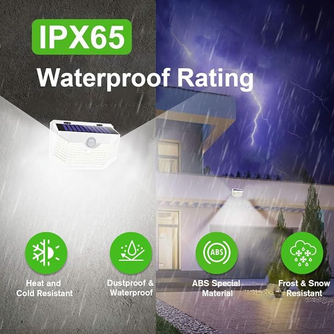 HMCITY 120 LED Outdoor Solar Lights with Motion Sensor and 3 Lighting Modes, IP65 Waterproof Wide Solar Wall Lights Ideal for Garden Patio Yard (Front Button 4Packs, White Shell-Daylight White)