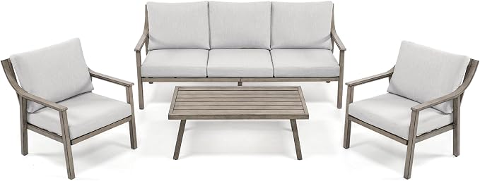 HAPPATIO 4-Piece Outdoor Patio Furniture Set for 5, Aluminum Outdoor Conversation Set Includes 1 Three-Seater Sofa, 2 Armchairs, and 1 Coffee Table, Perfect for Porch, Deck, Garden, (Grey)