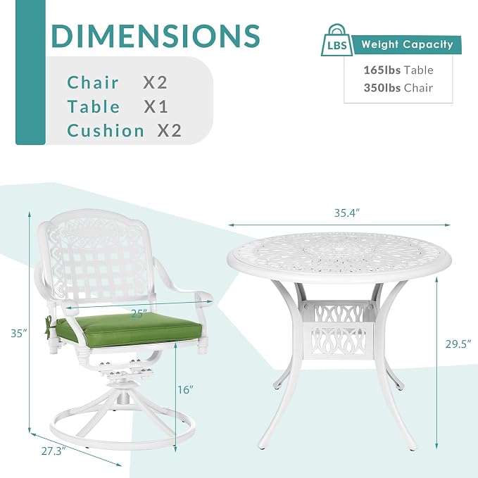MEETWARM 3-Piece Outdoor Patio Dining Set, All-Weather Cast Aluminum Patio Conversation Set, 2 Cushions Swivel Rocker Chairs and 35.4" Round Table for Backyard Garden Deck, Umbrella Hole, White