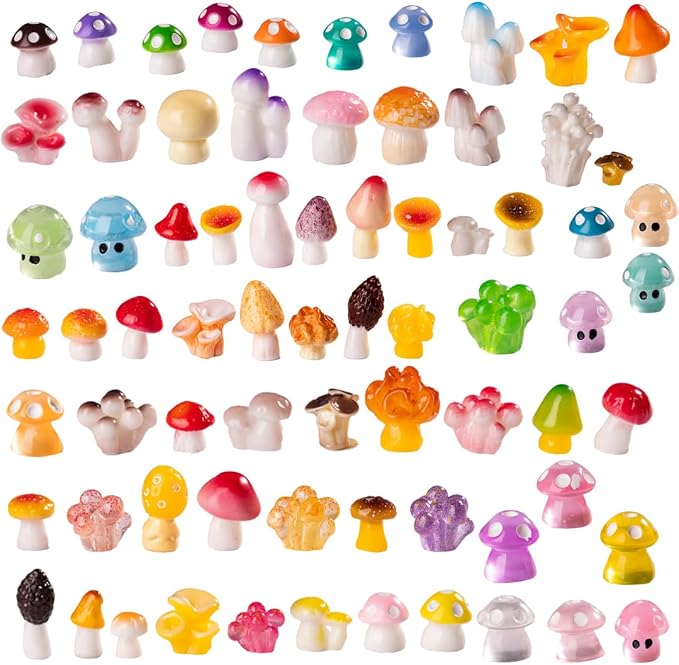 72pcs Mini Mushrooms, Tiny Resin Mushroom Figurines Small Little Resin in Bulk for Miniature Landscape Aquarium Potted Fairy Garden Home Decor Accessories Party Favors Gifts