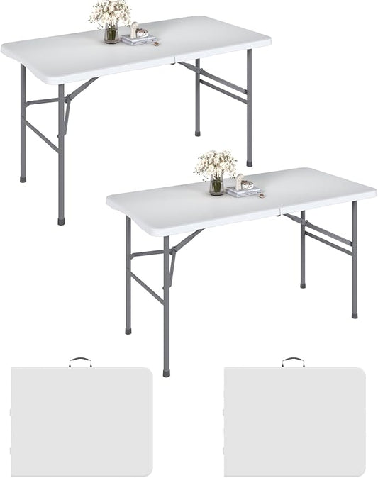2 Pack 4FT White Folding Table for Outdoor, 4 Foot Picnic Tables No Assembly Required Portable, White Foldable Table for Camping, Parties, Meeting, Events, Wedding, with Carrying Handle