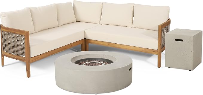 Christopher Knight Home Burchett Outdoor 5 Seater Sectional Sofa Chat Set with Fire Pit - Acacia Wood and Round Wicker - Teak/Mixed Brown/Beige/Light Gray