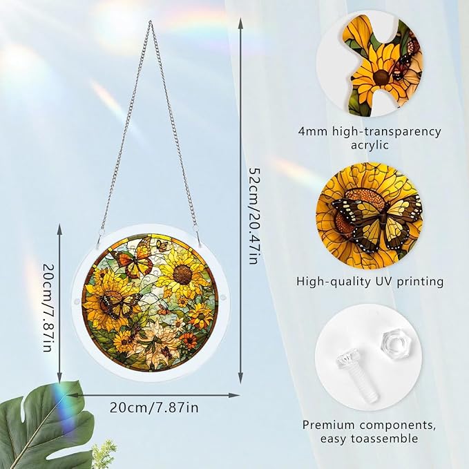 Acrylic Puzzle Suncatcher, Sunflower and Butterfly Stained Glass Window Hanging, Sun Catcher Puzzle Kit Home Decor, Creative Mothers Day and Birthdays Gifts for Mom, Wife, Sisters, 7.87 inch