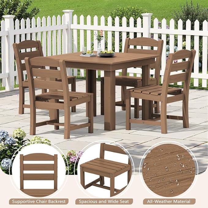KINGYES 5-Piece HDPE Outdoor Dining Set for 4, Square Patio Table & Armless Chairs with Umbrella Hole, All-Weather Patio Dining Set for Backyard, Garden, Lawn & Poolside, Brown
