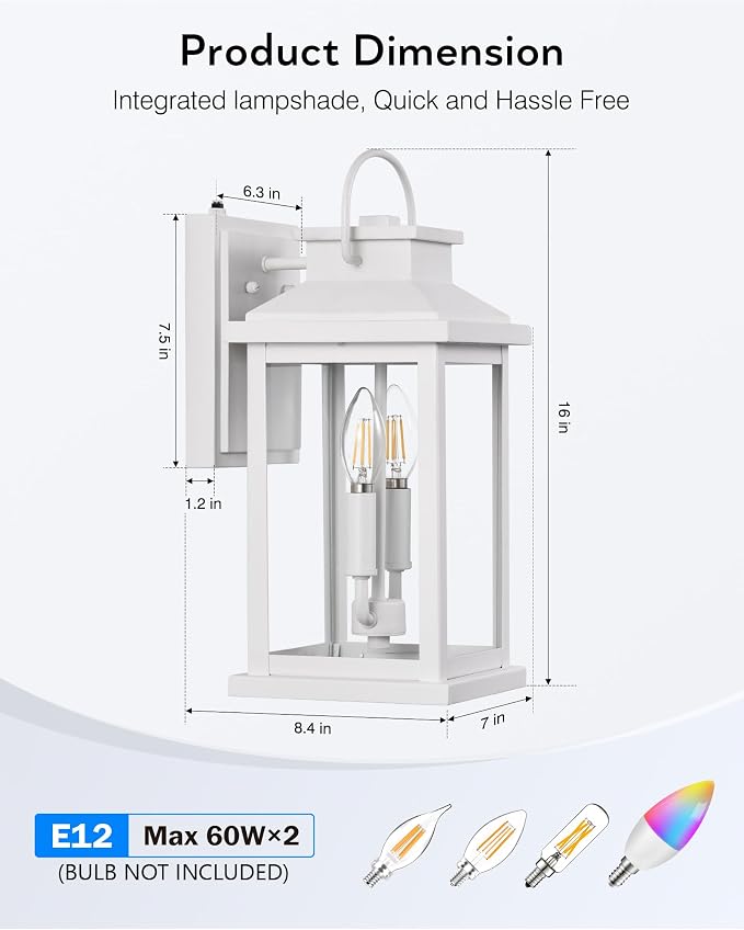 VIANIS Large White Porch Lights Outdoor, Modern Dusk to Dawn Outdoor Lighting Fixtures Wall Mount for House, Anti-Rust Exterior Wall Sconce Lantern for Front Porch, Waterproof Coach Lights for Garage | Anti-Rust Exterior Wall Sconce Lantern for Front P...