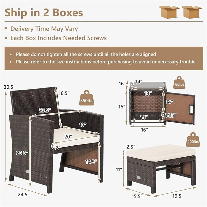 5PCS Patio Rattan Furniture Set Ottoman Cushioned W/Cover Space Saving Beige