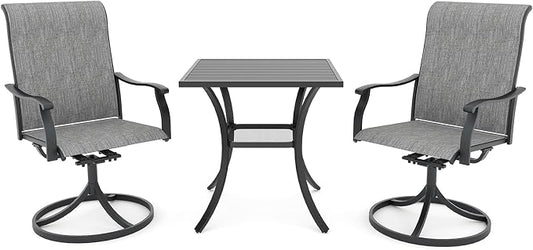 Anmutig 3 Piece Outdoor Patio Bistro Dining Set with 2 Swivel Dining Chairs & 1 Square Metal Dining Table, All Weather Dining Furniture Set for Lawn Garden Grey