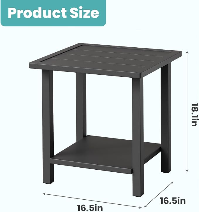 Outdoor Large Square Side Table, Heavy-Duty Metal Patio End Table, Weather Resistant Poolside Table with Easy Assembly for Balcony, Deck, Backyard, Black
