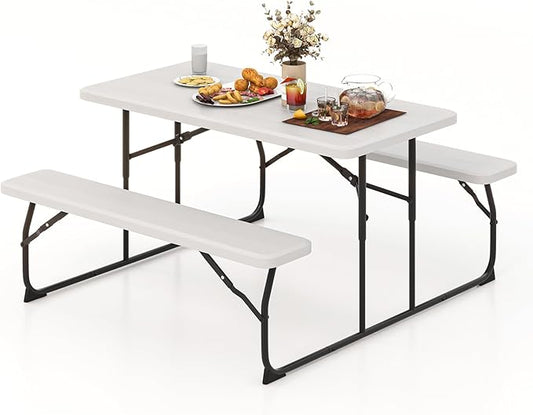 Goplus Foldable Picnic Table with Benches, Rectangular Camping Table Set with Metal Frame, Folding Indoor Outdoor Dining Table Set for Garden, Patio, Backyard (White)