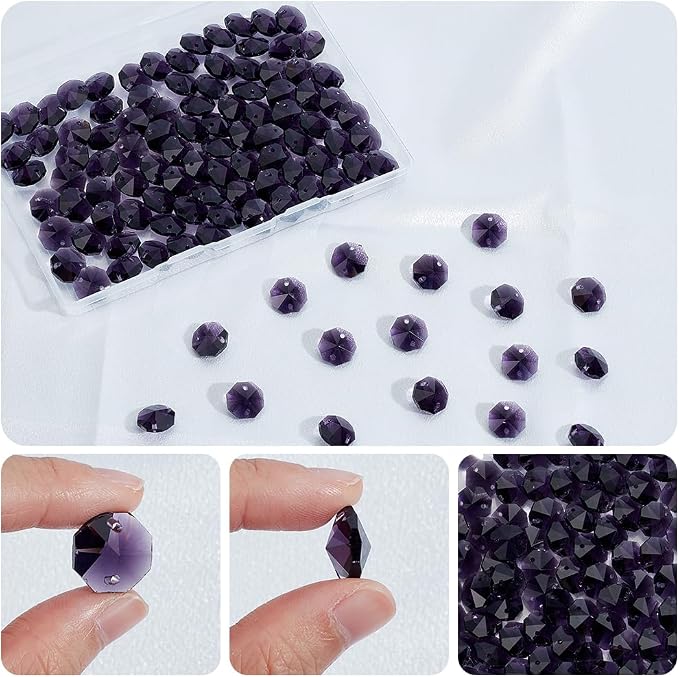 120Pcs 14mm Glass Octagon Beads 2 Hole Crystal Prism Beads Dark Orchid Crystal Chandelier Parts Replacement Connector Sun Catcher Faceted Spacer for Suncatcher DIY Lamp Pendant Jewelry Making