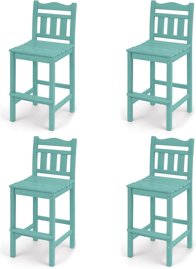 Outdoor Bar Stools Set of 4, HDPE Adirondack Bar Chairs with Backs, All-Weather High Top Patio Chairs, Heavy Duty Armless Bar Height Chair for Balcony, Garden, Deck (Aruba Blue, 4pcs Set)