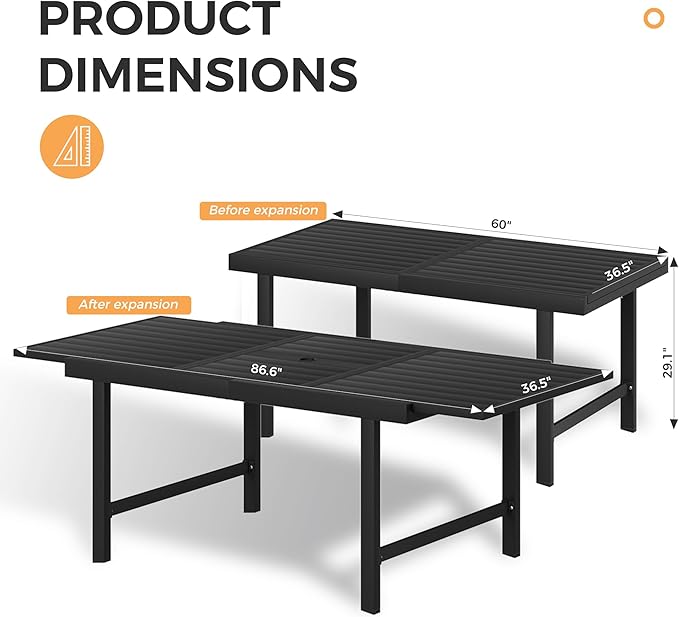 HAPPATIO Outdoor Expandable Dining Table, Aluminum Patio Dining Table for 4-8 Person, Powder-Coated Rectangular Table with Umbrella Hole, Perfect for Backyard, Porch, Deck